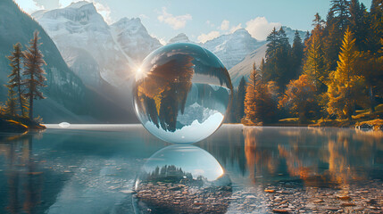 A floating 3D glass orb above a serene lake, reflecting the surrounding forest in ultra-high definition