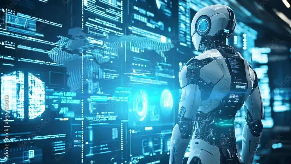 Poster a humanoid robot analyzes information on multiple digital screens filled with glowing graphics and d