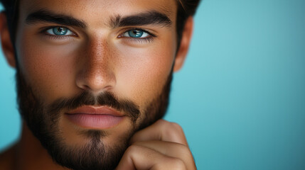 Obraz premium A young, handsome man touches his beard and mustache against a blue background. This close-up portrait of a male model showcases a fresh skin tone, likely the result of a facial ca