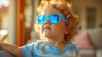 Young child with curly blonde hair wearing blue sunglasses, basking in warm sunlight with a confident and carefree expression.