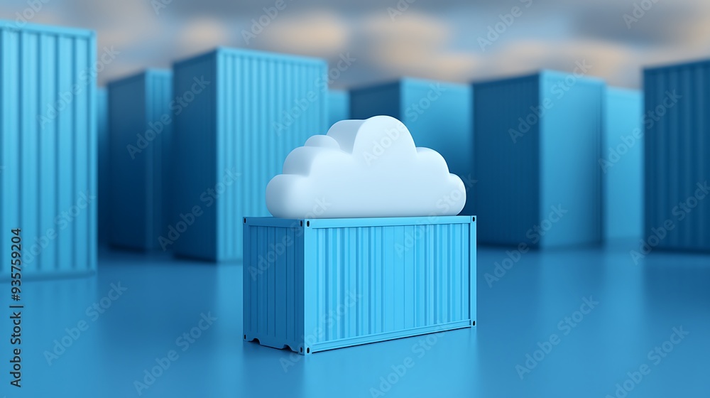 Poster blue shipping containers with a cloud icon, symbolizing cloud computing and data storage, against a 