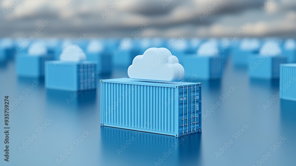 Poster blue shipping containers with cloud computing symbols, representing data storage and cloud technolog