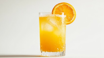 Fototapeta premium A refreshing glass of orange beverage with ice cubes, topped with a slice of orange, set against a simple white background, capturing a delightful summer vibe.