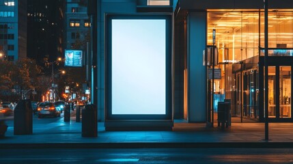 Fototapeta premium At twilight, a blank billboard is displayed on a building facade on a city street.
