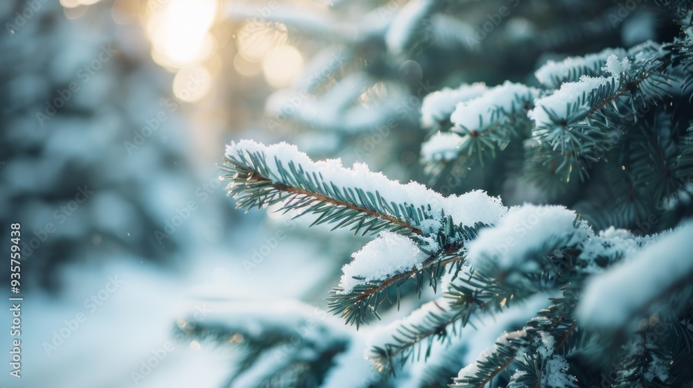 Poster a tranquil winter landscape showcases spruce branches weighed down by fresh snow, illuminated by war