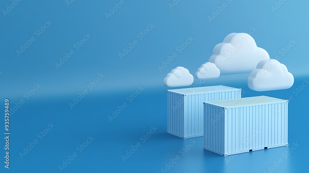 Poster blue shipping containers with white clouds on a light blue background, representing cloud computing 