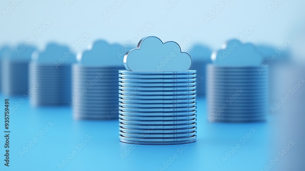 Poster blue stacks of coins with cloud icons on top representing cloud computing and financial growth conce