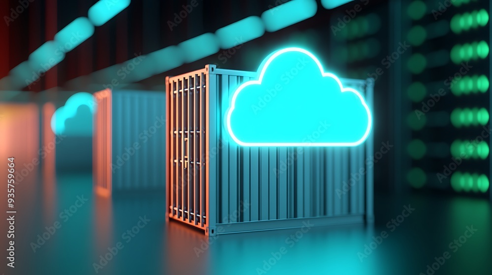 Poster bright cloud icon on a container, symbolizing cloud computing, storage, and technology in a server e