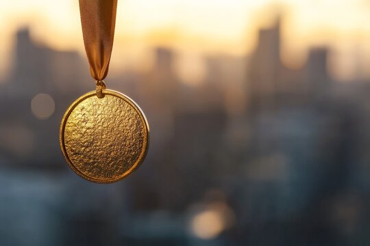 A golden medal with a textured surface hangs prominently with a soft-focus cityscape at sunset in the background, symbolizing excellence and achievement in a warm, urban setting.
