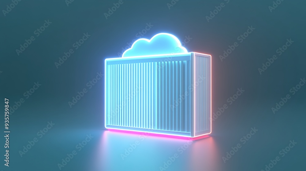 Poster bright neon data storage concept with glowing cloud and server in a dark background represents moder