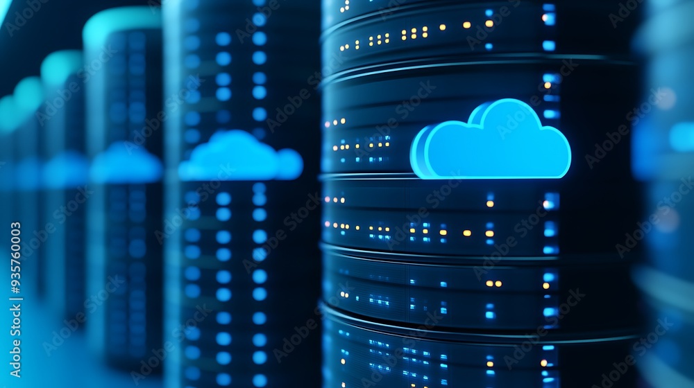 Poster close-up image of server racks in a data center with glowing blue cloud icons, representing cloud co