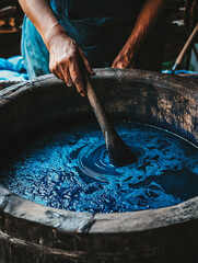 dyeing process with natural indigo, hands stirring fabric in a large vat, deep blue tones