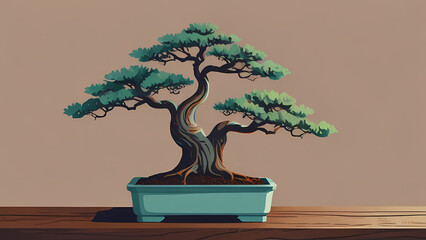 A minimalist flat vector background featuring a serene bonsai tree on a wooden stand with soft pastel colors
