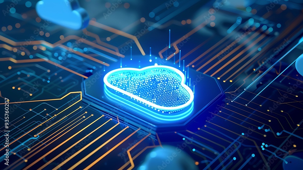 Poster close-up of a glowing cloud icon on a detailed circuit board signifying cloud computing technology, 