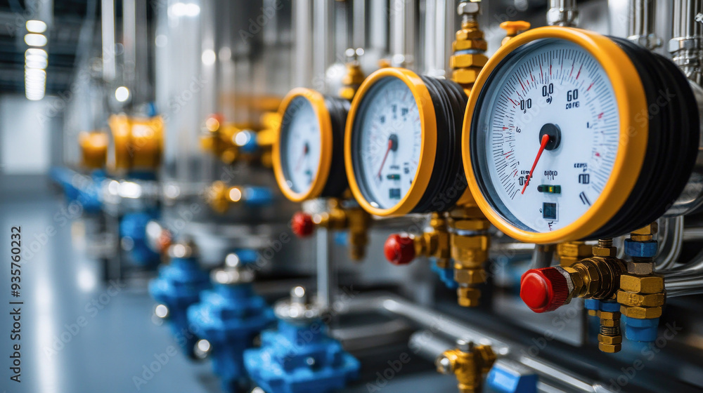 Poster pressure gauges showing current pressure in a gas pipeline system in a factory