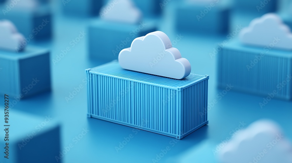 Poster close-up of blue shipping containers with cloud shapes on top, symbolizing cloud computing and data 