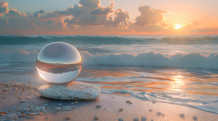 A high-definition capture of a smooth pebble on a beach with a glassy 3D object floating nearby
