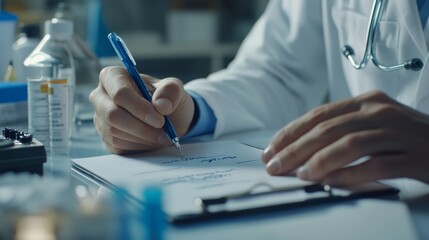 Fototapeta premium Close-up of a doctor hand writing a prescription on a notepad in a consultation room, medical equipment on the desk.