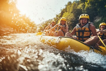 A group of people on a yellow raft in river rapids, laughing and enjoying the thrilling adventure, capturing the excitement and fun of whitewater rafting.