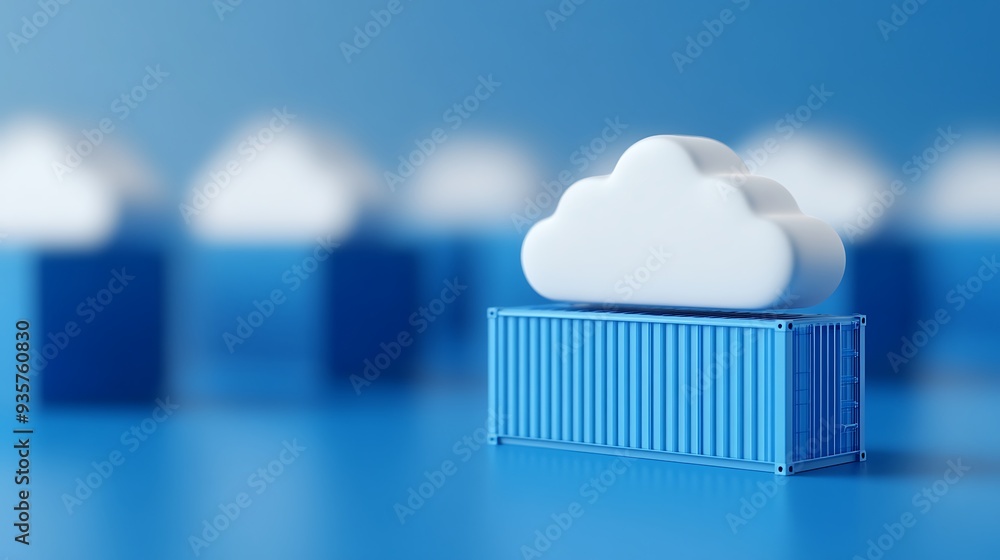 Poster cloud computing and data storage concept: a soft white cloud resting on top of a blue shipping conta