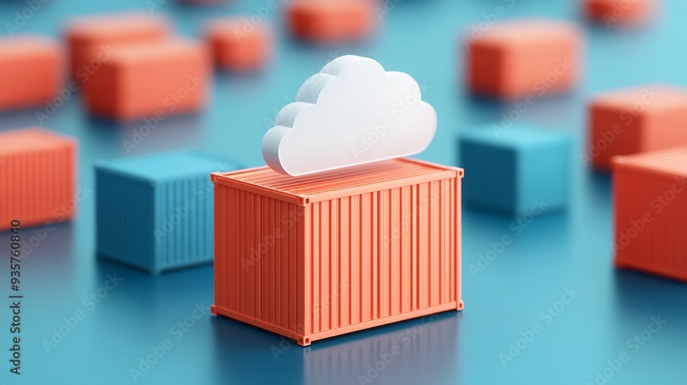 Poster cloud computing and data storage concept featuring container with cloud icon on a blue background.