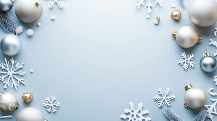 Merry Christmas, festive celebration holiday holidays greeting card- Blue ornaments, christmas baubles frame border decoration, isolated on blue paper table background, top view flat lay