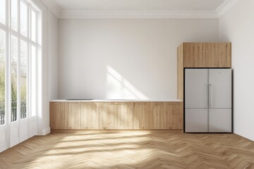 Home kitchen interior shelves with a fridge, oven, and kitchenware