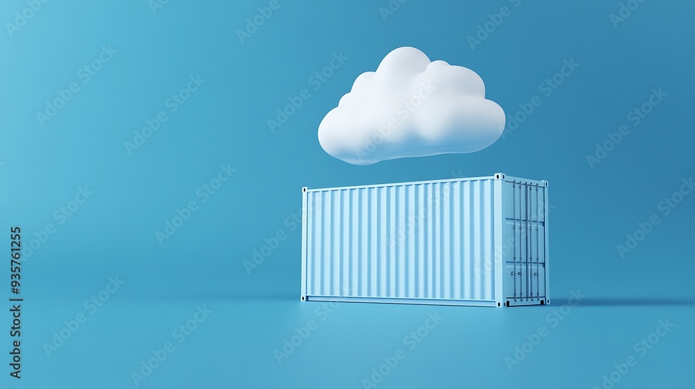 Poster cloud computing concept featuring a cargo container and a cloud on a blue background, representing d