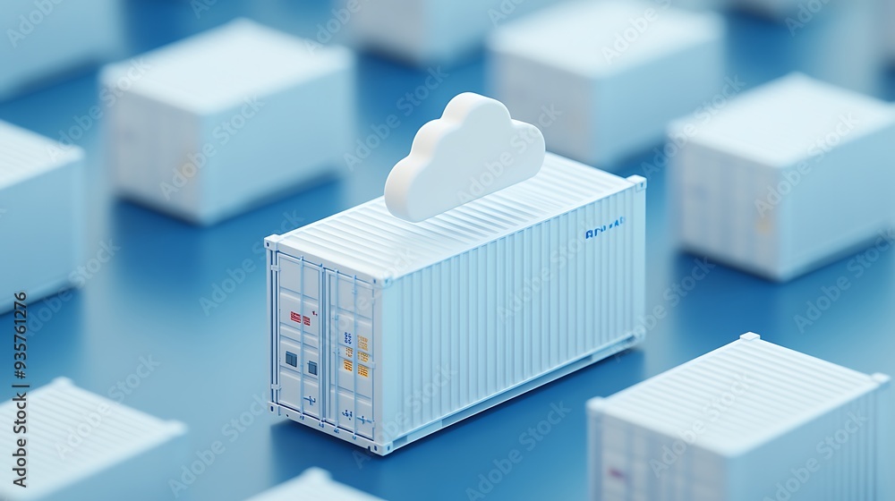 Poster cloud computing and data storage concept with miniature shipping containers and cloud symbols on a b