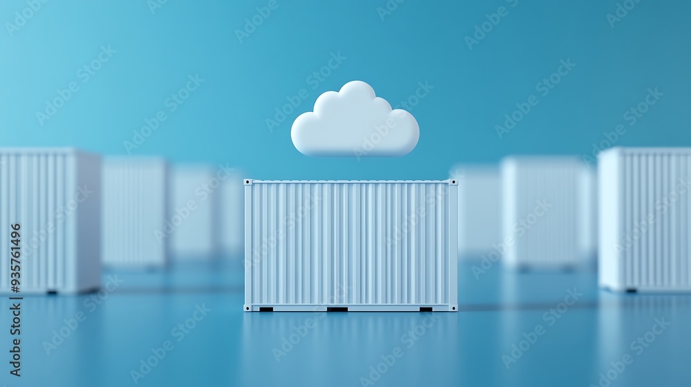 Poster cloud computing concept image with a white cloud above a shipping container, representing technology