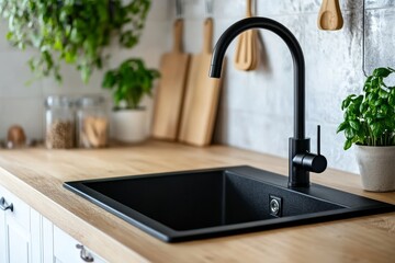 Granite kitchen sink, wood countertop, and cabinets. Light wood design. 3D illustration of a modern kitchen concept.