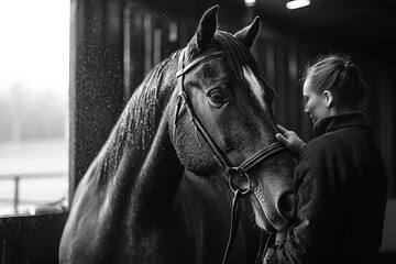 A dimly lit stable where a woman is lovingly adjusting a horse’s bridle, capturing a moment of gentle interaction and communication, depicted in black and white photography.
