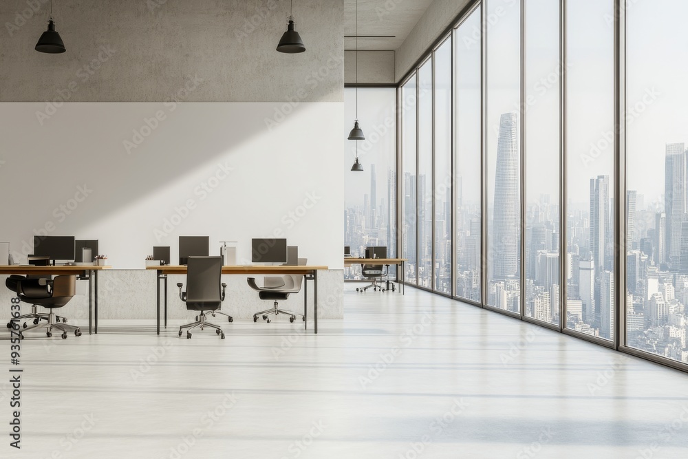Poster shared desks and chairs, large window, minimal design with light carpeted flooring and light wood el
