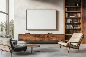 Three-dimensional rendering of a modern living room with a blank poster, wooden elements, and elegant furniture.