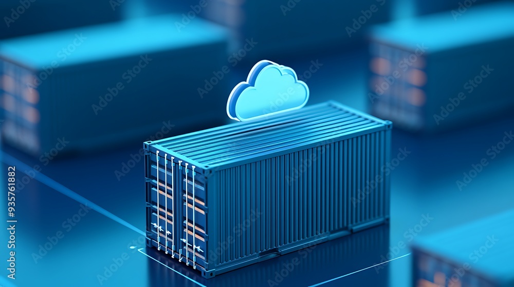 Poster cloud computing concept with a blue freight container and cloud icon, symbolizing cloud storage and 