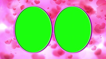 Beautiful illustration of empty green photo frames with pink hearts background