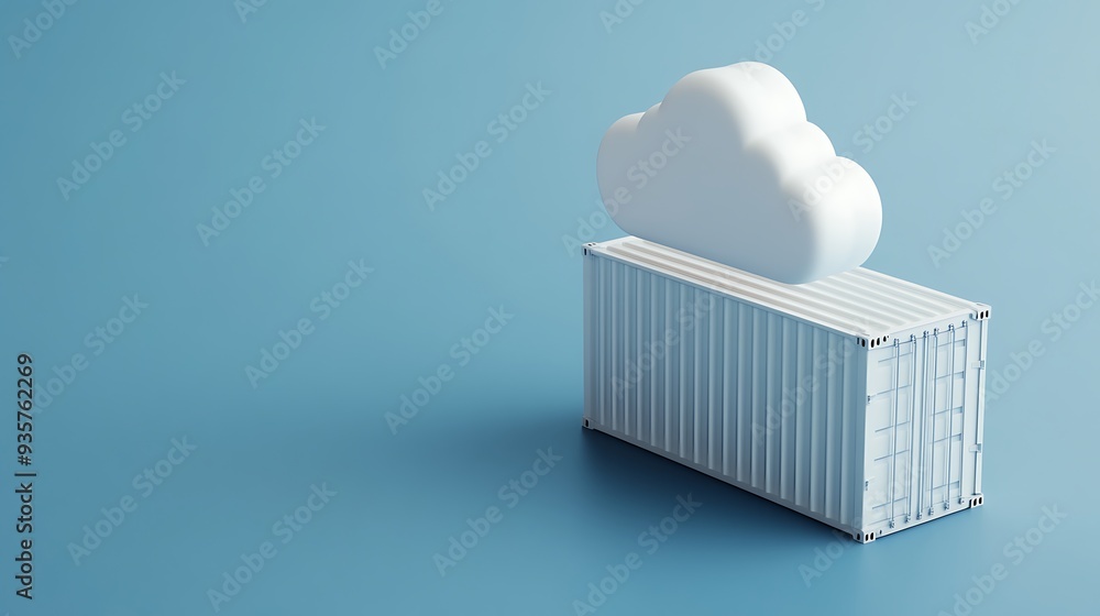 Poster cloud computing concept with a large white container and a cloud shape on a minimalist blue backgrou