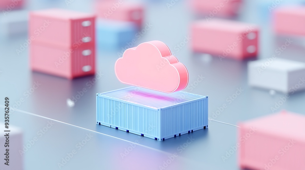 Poster cloud computing concept with a pink cloud icon above a blue container, surrounded by server units in