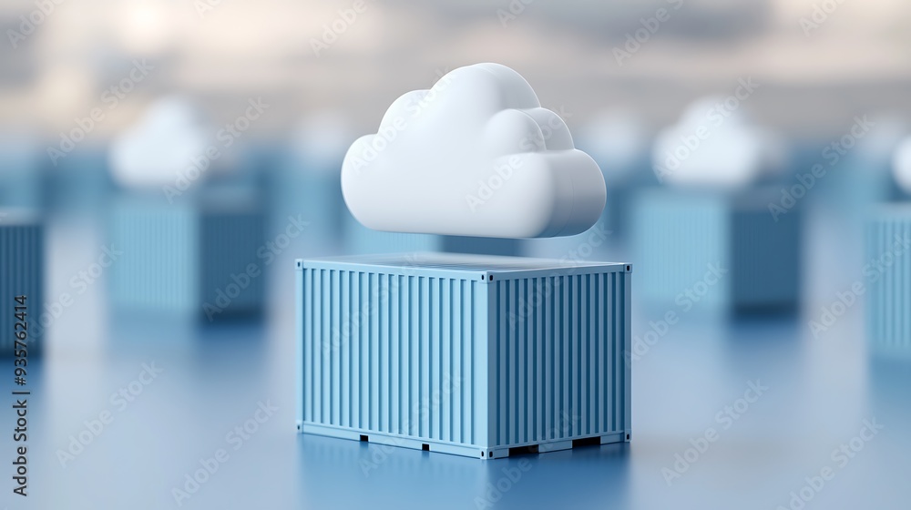 Aufkleber cloud computing concept with a white cloud icon sitting over a blue shipping container, representing