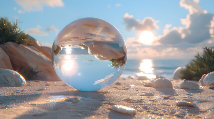 A high-definition capture of a smooth pebble on a beach with a glassy 3D object floating nearby