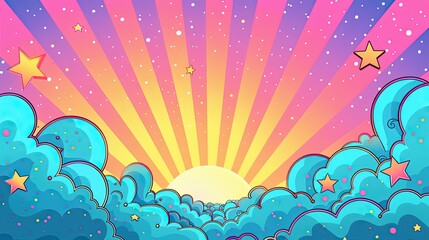 Digital artwork that radiates with pastel rays, dotted with cartoon-style clouds and stars, set against background filled with geometric and polka-dot patterns.