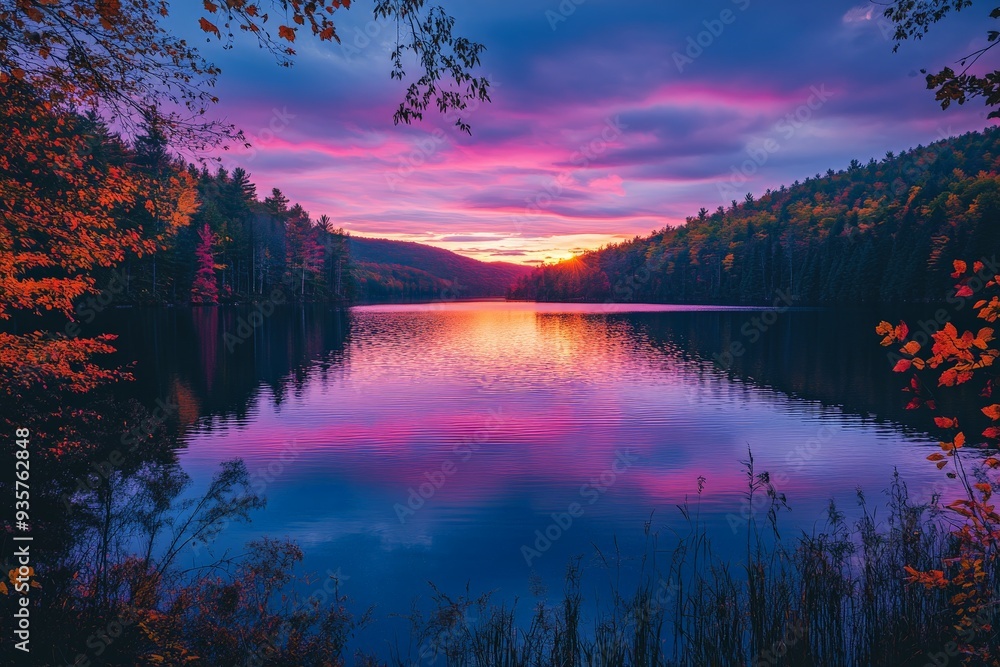 Aufkleber a tranquil lake during sunset displayed with strikingly vibrant autumn hues, reflecting the calmness