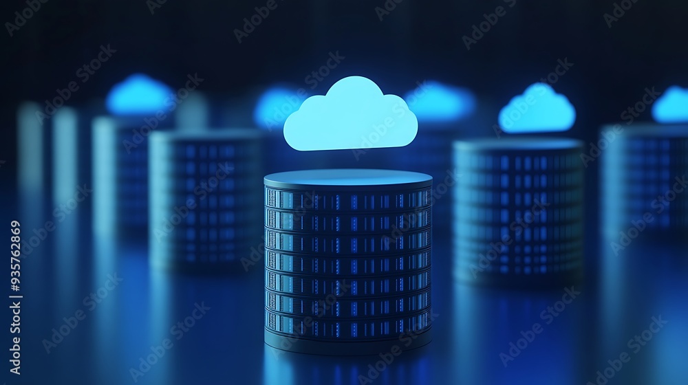 Poster cloud computing concept with blue glowing cloud icon over server towers. data storage and technology