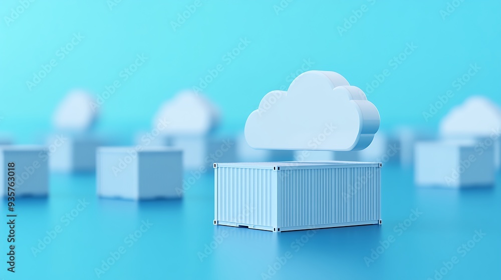 Poster cloud computing concept with clouds and storage containers on a blue background representing data st
