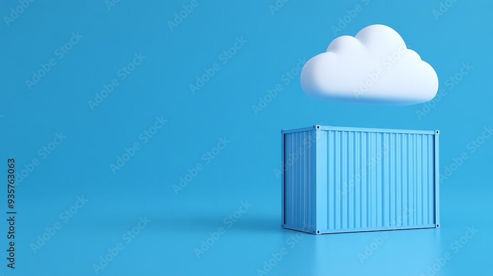 Poster cloud computing concept with container and cloud in blue background, symbolizing data storage and mo