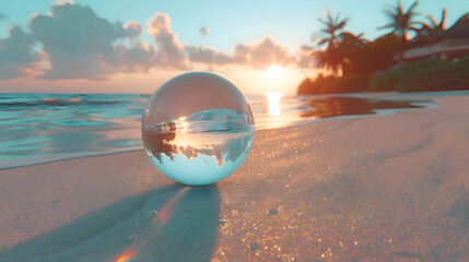 A high-definition capture of a smooth pebble on a beach with a glassy 3D object floating nearby