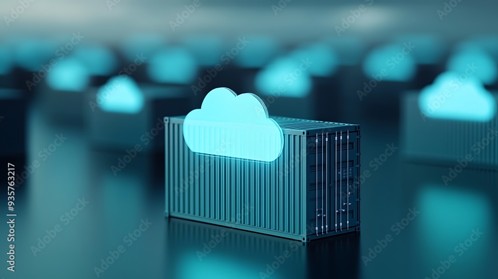 Poster cloud computing concept with containers and glowing cloud icon, technology, data storage, modern ser