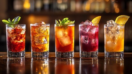 Five colorful cocktails with ice and garnishes on a bar counter, showcasing a vibrant and refreshing assortment perfect for a lively gathering.