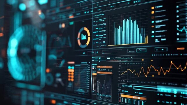 A digital screen filled with graphs, charts, and data metrics, illuminated in a control room environment.