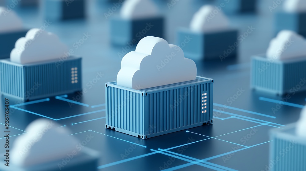 Poster cloud computing concept with digital container, showcasing data storage, management, and network inf